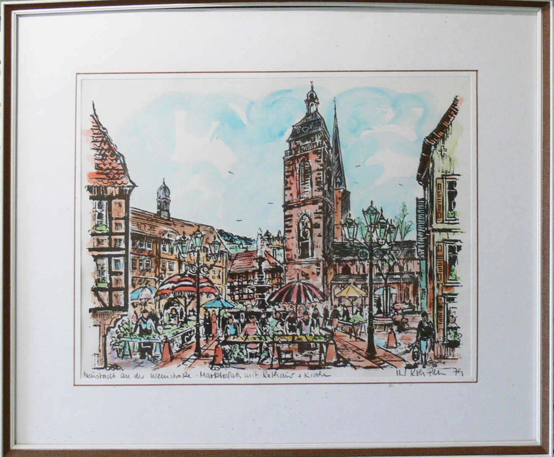 Lithographie "Neustadt a.d. Weinstraße, Marktplatz mit Rathaus und Kirche", rechts unten undeutliche