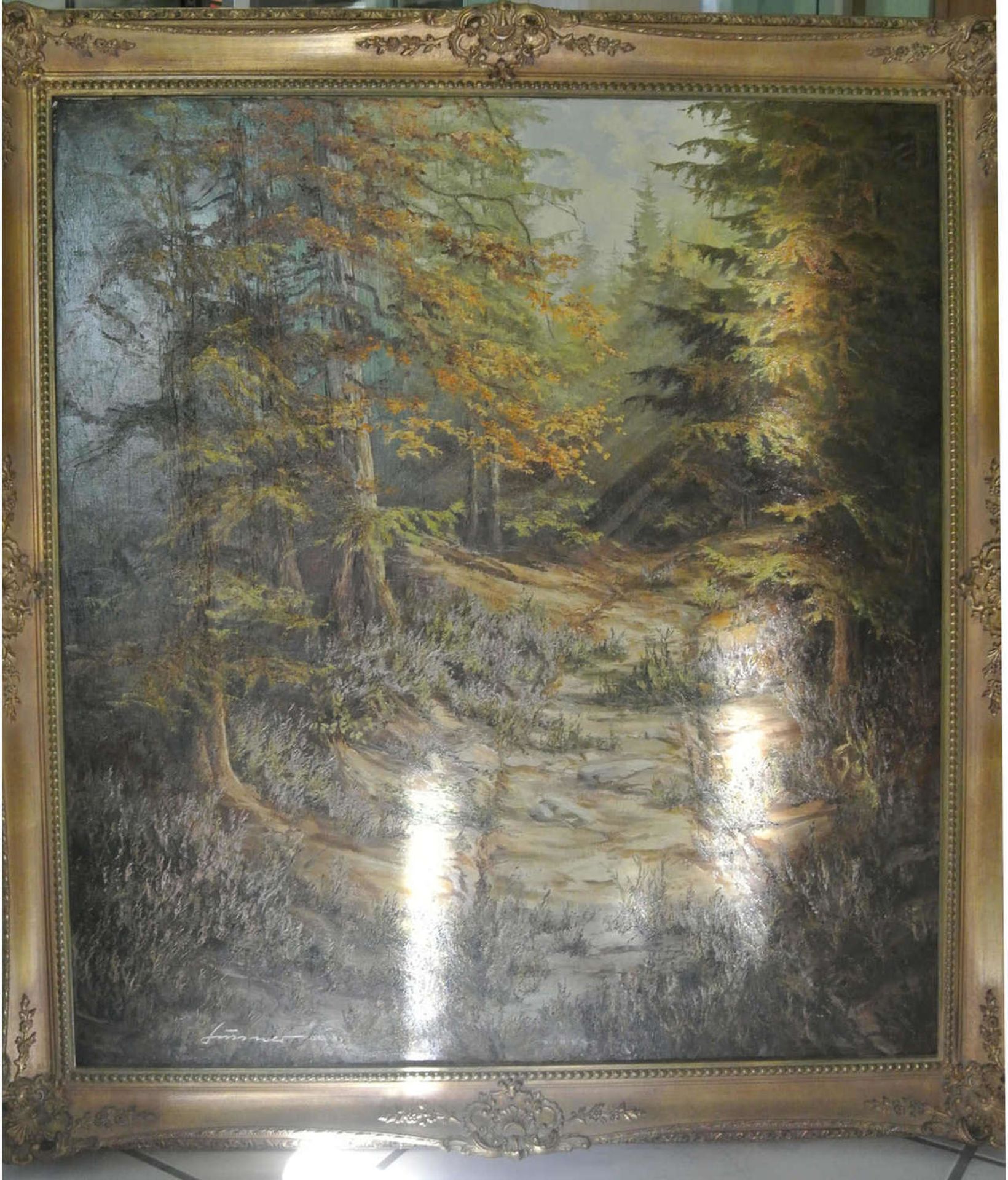 Süssner, Ölgemälde auf Leinwand "Sonnige Waldlandschaft im Herbst", signierte links unten "Süssner",