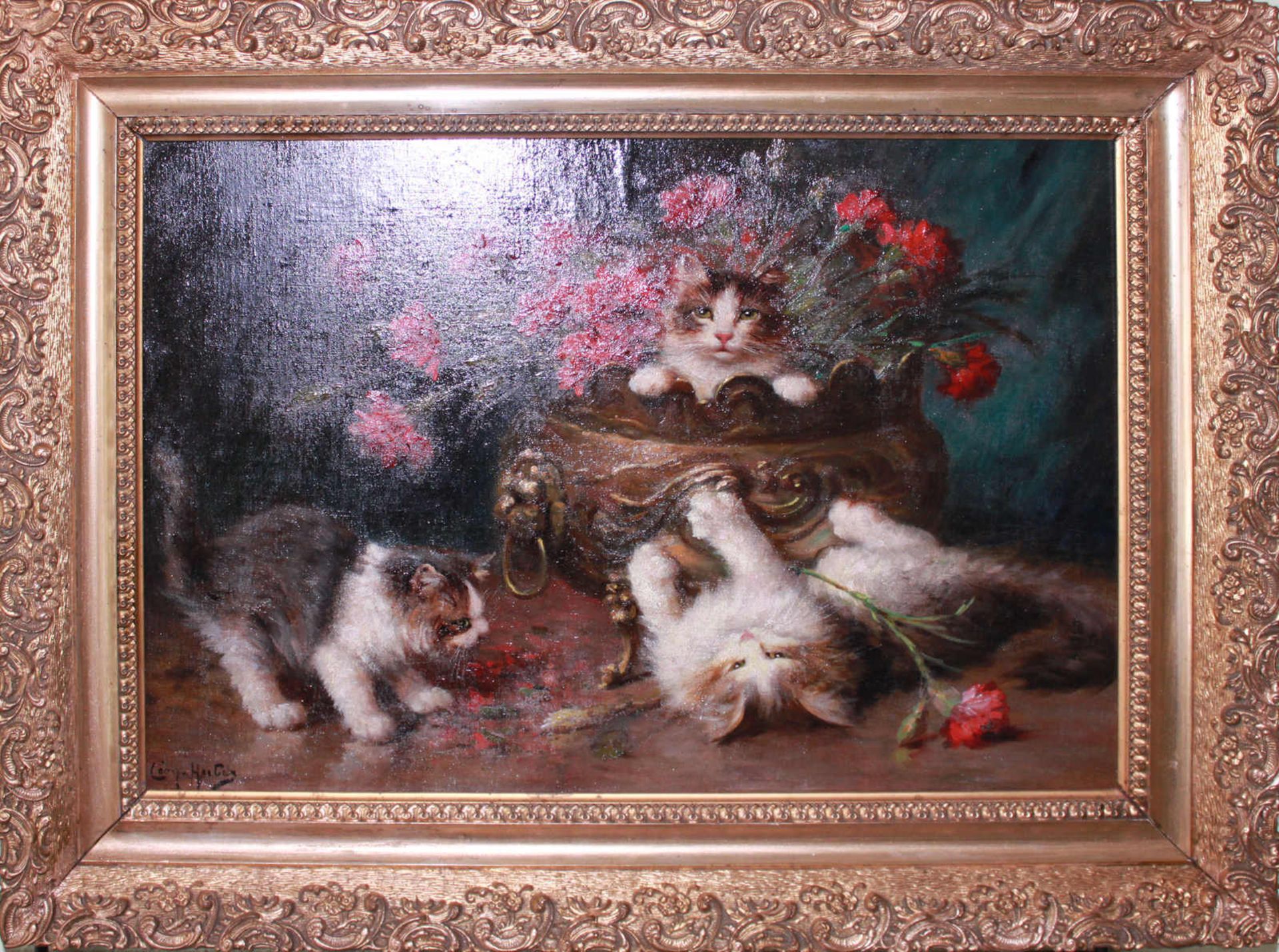 Leon Charles Huber, 1858-1928, Ölgemälde auf Leinwand, "Katzenspiel mit Rosen", links unten Signatur
