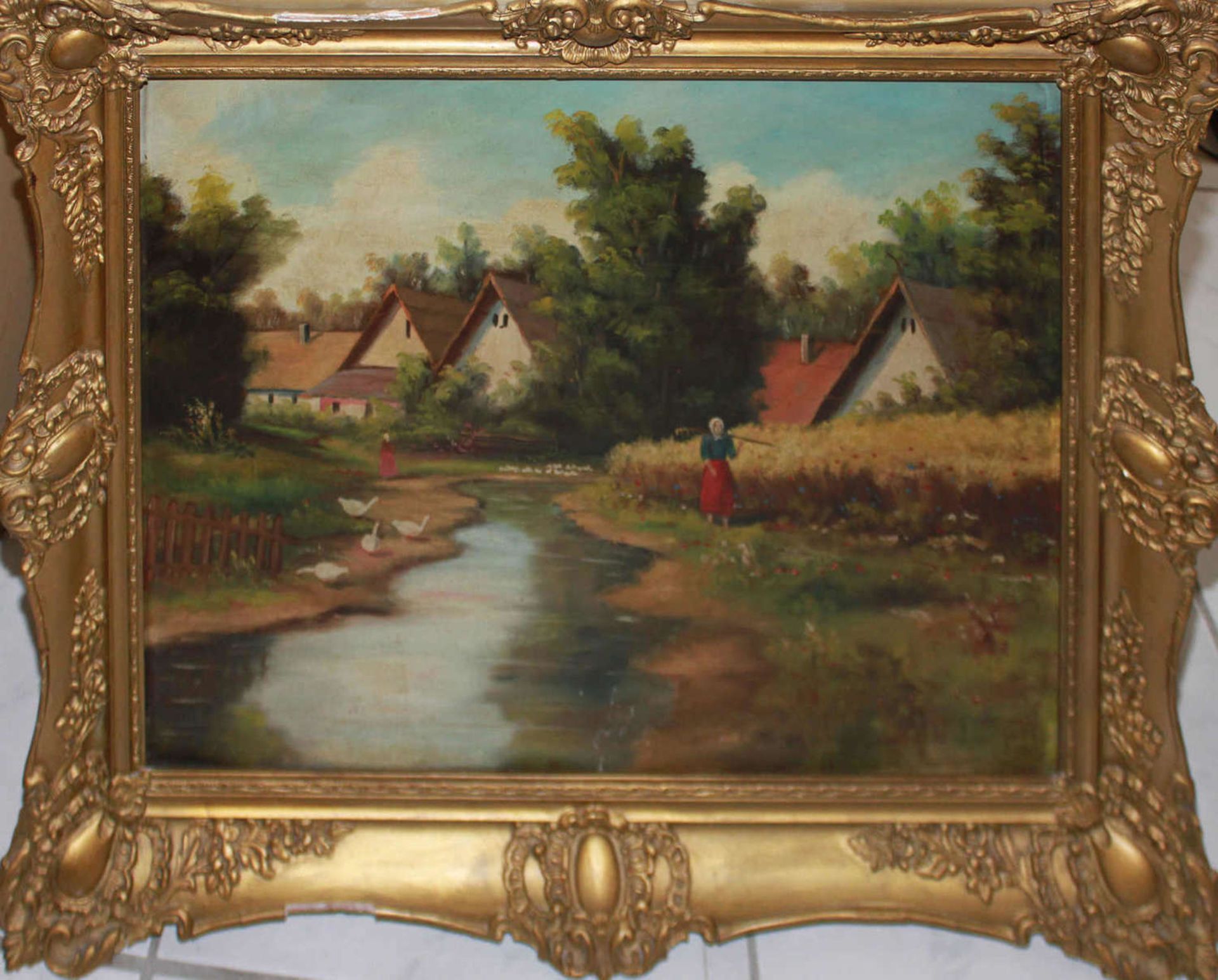 Unbekannter Künstler, Ölgemälde auf Holz, "Bachlauf am Dorf", mit Personenstaffage, links unten