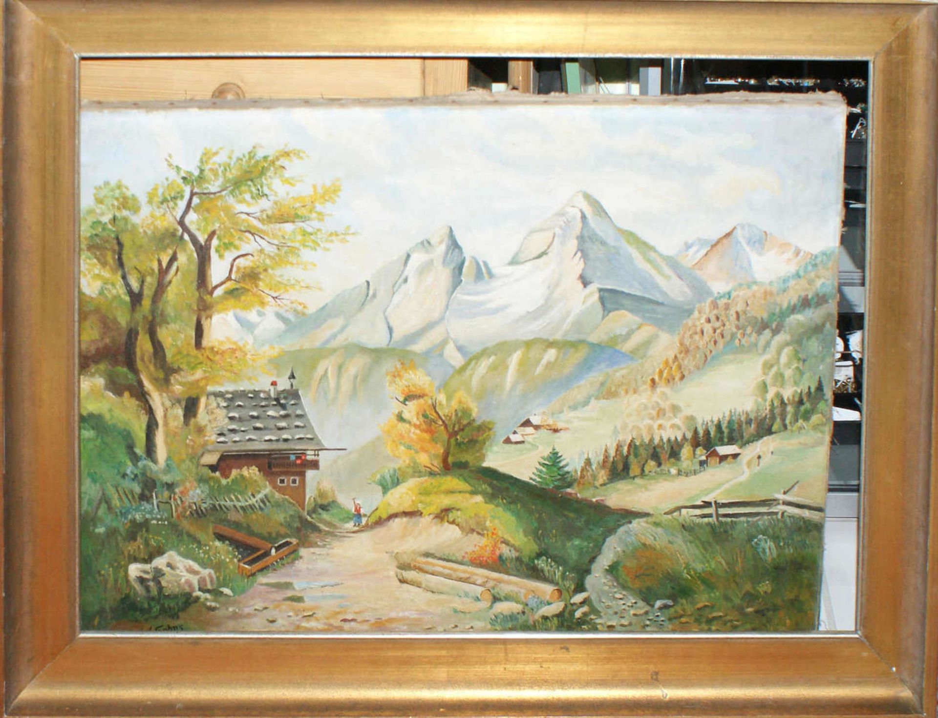 unbekannter Künstler, Ölgemälde "Am Waldrand" mit Bergkulisse, am Rahmen Abnuztungen, Breite ca 76