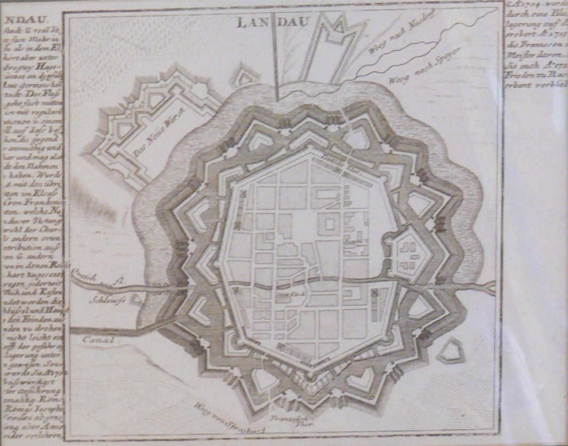 M. Merian ca. 1704, "Die Festung Landau". Kupferstich, links und rechts Erläuterungen zu Landau.
