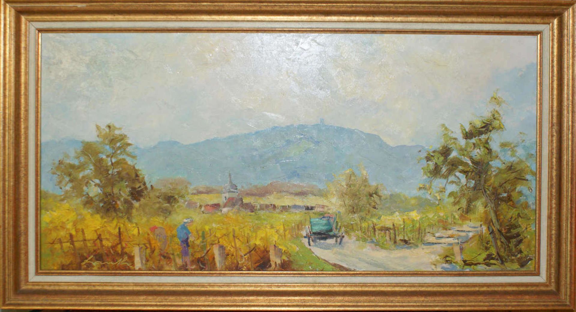 Robert Lauth 1896 - 1985, Ölgemälde auf Leinwand "Pfälzer Landschaft im Herbst mit Traubenlese"