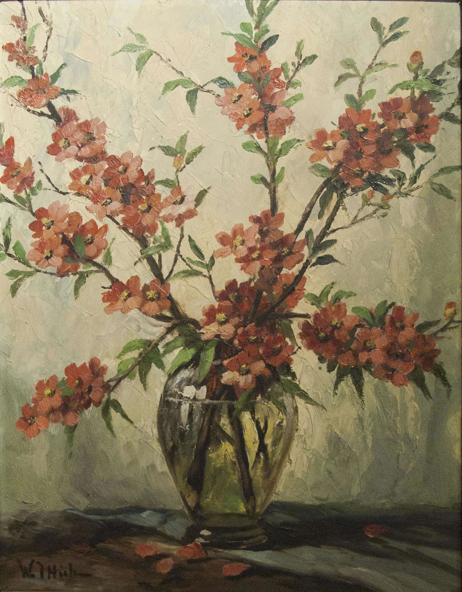 Wilhelm Thiele (1872-1939), Ölgemälde auf Hartfaserplatte, "Blühende Zweige in einer Glasvase", - Bild 2 aus 3