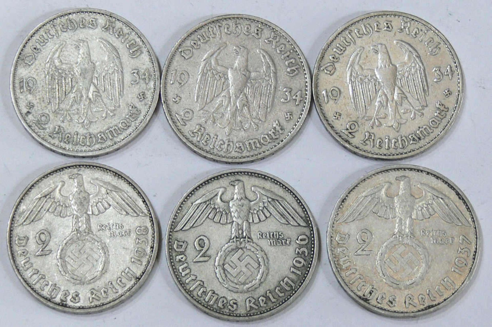 Deutsches Reich 1934/38, 6 x 2.- - Mark - Silbermünzen, 3 x Hindenburg und 3 x Garnisonkirche. - Bild 2 aus 2