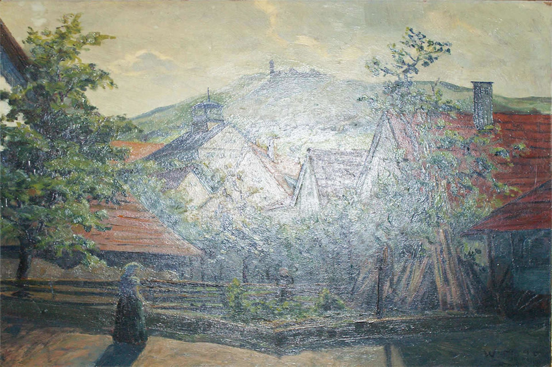 Monogrammist W.M., Ölgemälde auf Malkarton, "Frühlingsidylle im Dorf mit Blick auf Burg", rechts - Bild 3 aus 3