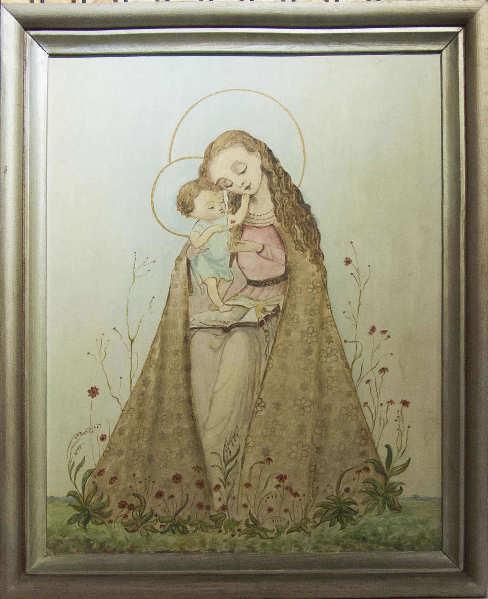 unbekannter Künstler, Ölgemälde auf Malkarton "Hummelmadonna - Blumenmadonna" im Rahmen. Maße: