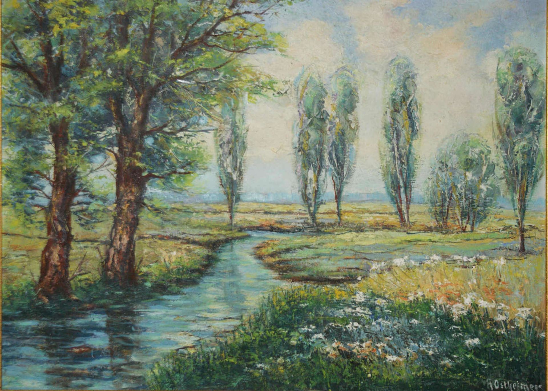 Ostheimer, Ölgemälde auf Platte, "Flußlandschaft mit Baumbestand". Rechts unten Signatur H. - Bild 3 aus 3