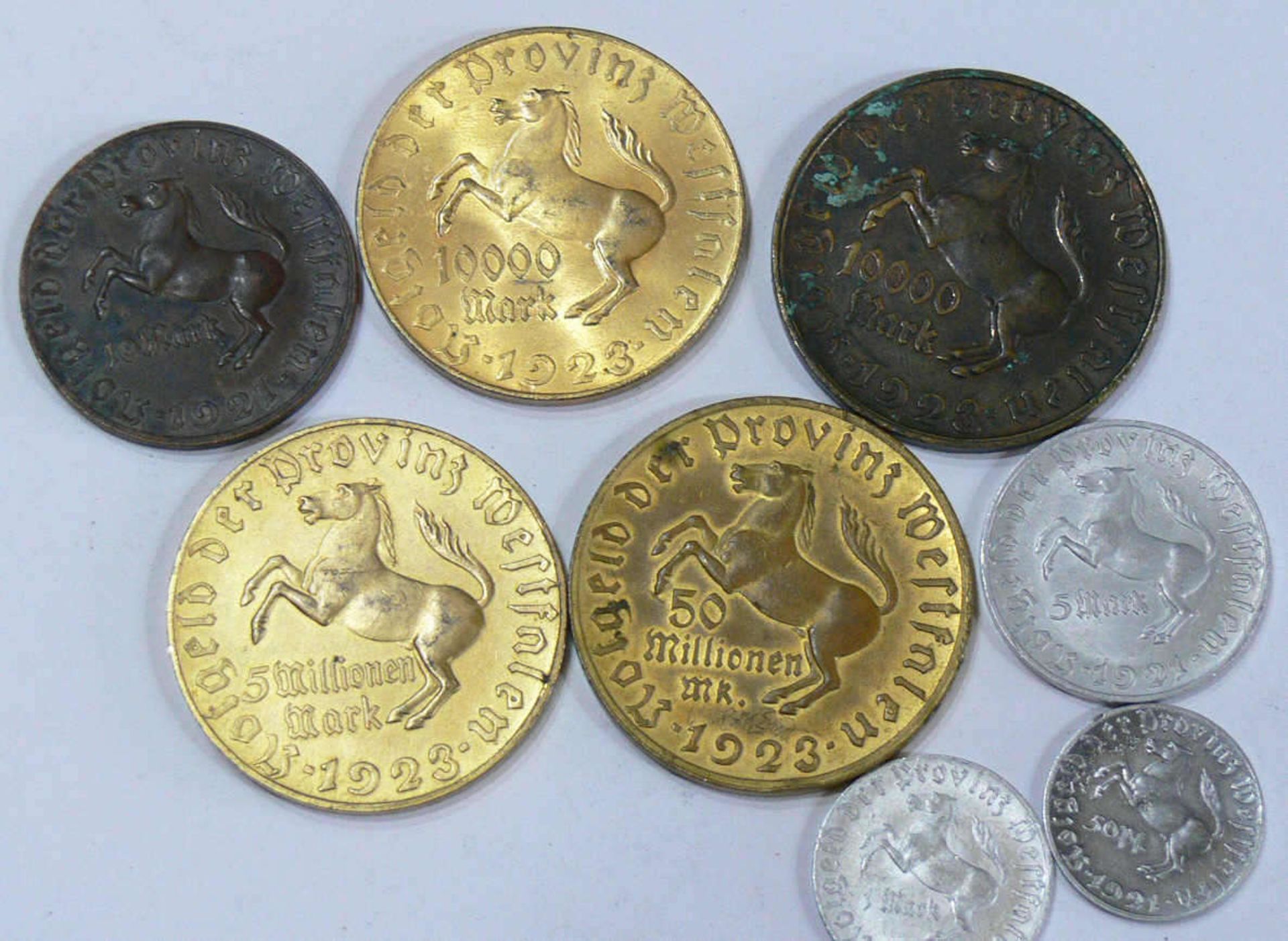 Weimarer Republik, Lot Notgeld - Münzen Westfalen, bestehend aus: 50 Millionen, 5 Millionen, 2 x