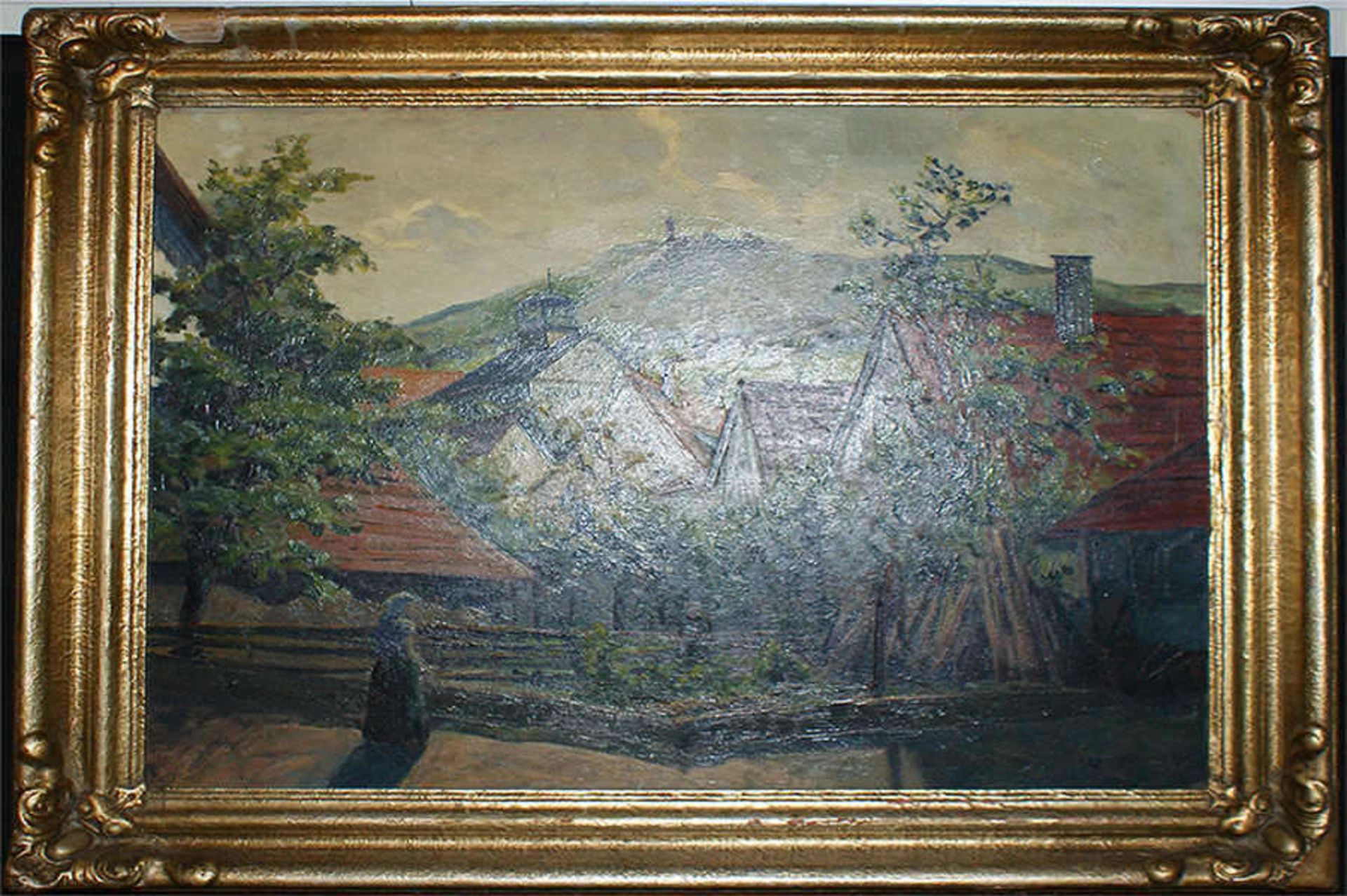 Monogrammist W.M., Ölgemälde auf Malkarton, "Frühlingsidylle im Dorf mit Blick auf Burg", rechts