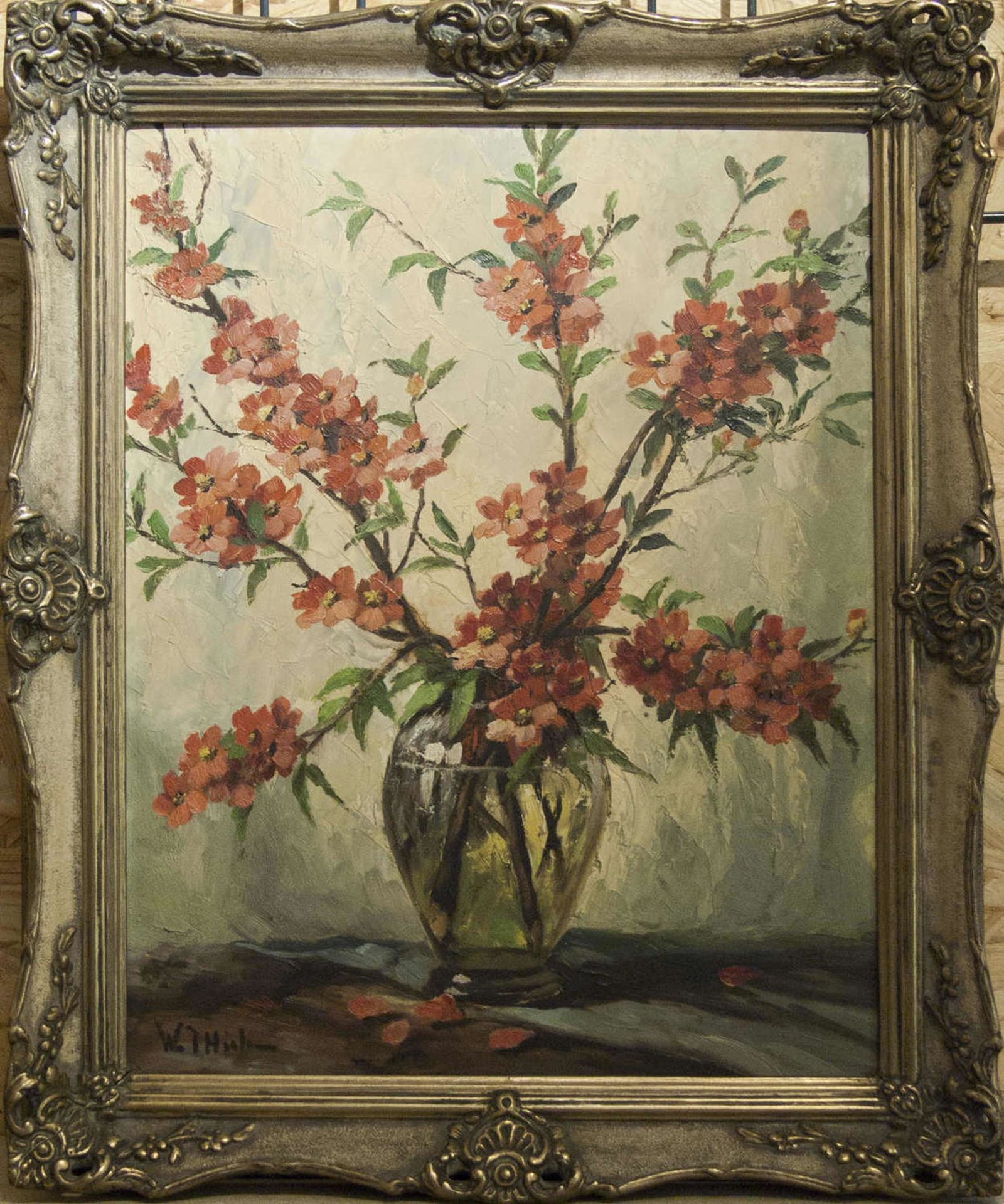 Wilhelm Thiele (1872-1939), Ölgemälde auf Hartfaserplatte, "Blühende Zweige in einer Glasvase",