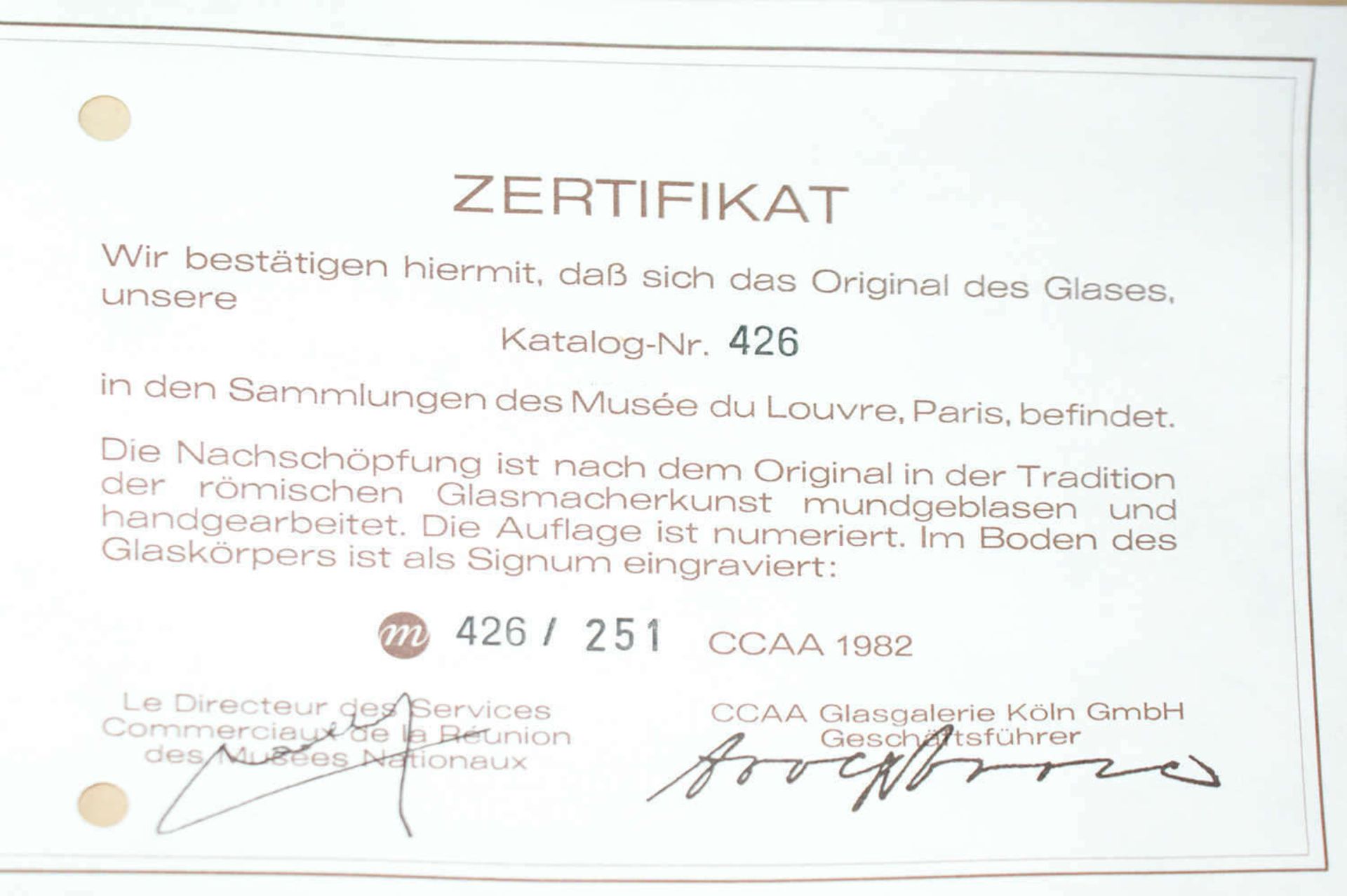 Museums Replik, Glasvase, römisch, 4. Jhrd., aus der Glasgalerie in Köln CCAA mit Zertifikat. Das - Bild 3 aus 3