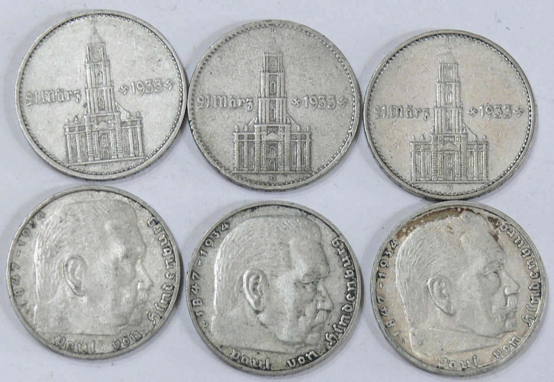 Deutsches Reich 1934/38, 6 x 2.- - Mark - Silbermünzen, 3 x Hindenburg und 3 x Garnisonkirche.