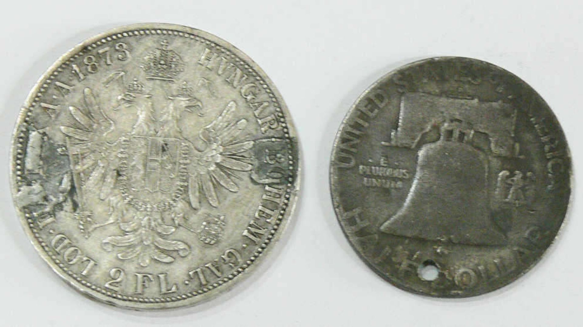 Österreich 1873, Doppelgulden "Franz Joseph I.". Silber. Dazu USA 1952, Half Dollar "Benjamin - Bild 2 aus 2