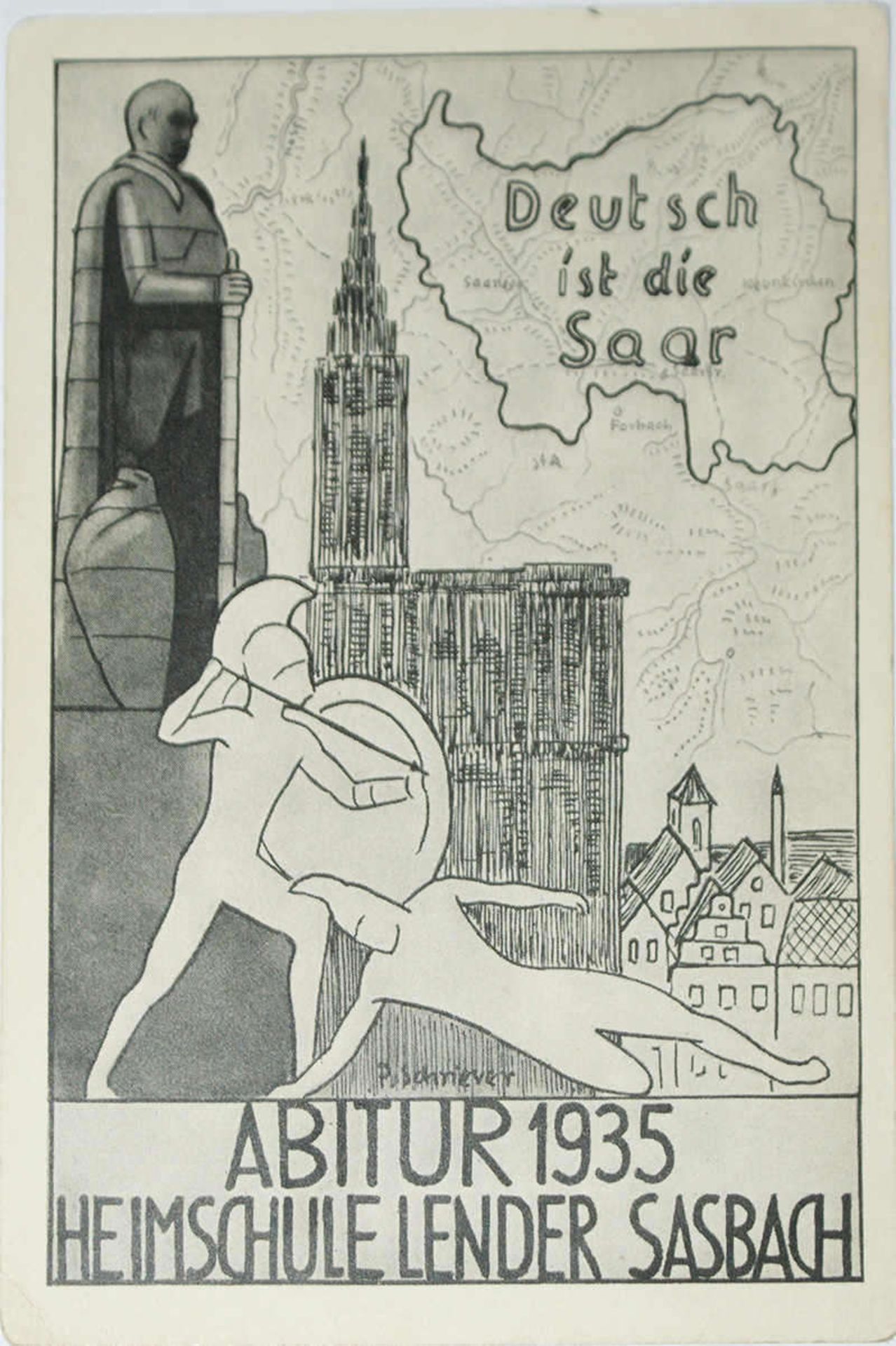 Postkarte "Deutsch ist die Saar", Gymnasium Sasbach bei Achern, Abitur 1935, Heimschule Lender