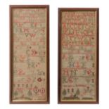 A Pair of Needlepoint Samplers Each 23 1/2 x 10 inches (framed).