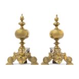 A Pair of Neoclassical Style Brass Andirons Height 11 inches.