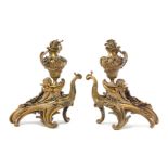 A Pair of Rococo Style Gilt Bronze Chenets Height 15 1/2 inches.