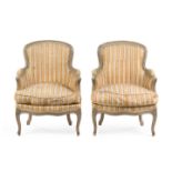 A Pair of Louis XV Style Painted Bergeres Height 33 5/8 inches.