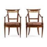 A Pair of Italian Parcel Gilt Armchairs Height 36 1/2 inches.