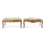 A Pair of Italian Painted Benches Height 14 1/2 x width 32 x depth 17 inches.