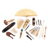 A Collection of Needlework Tools Length of spectacle case 6 5/8 inches.