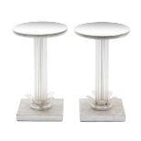 A Pair of Silvered Wood and Glass Pedestal Tables Height 23 x diameter of top 15 inches.