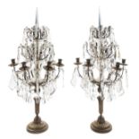 A Pair of Continental Brass and Glass Candelabra Height 26 inches.