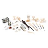 A Collection of Mother-of-Pearl, Abalone and Natural Shell Needlework Tools Length of lorgnette 6