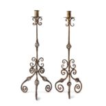 A Pair of Spanish Baroque Gilt Wrought Iron Prickets Height of tallest 32 3/4 inches.