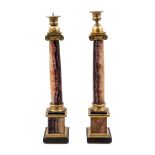 A Pair of Gilt Bronze and Marble Candlesticks Height of tallest 18 1/4 inches.