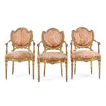 A Set of Three Venetian Giltwood Armchairs Height 37 3/8 inches.