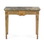 An Italian Painted and Parcel Gilt Console Table Height 36 x width 44 x depth 21 inches.