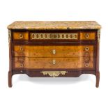 A Louis XVI Style Marquetry Decorated Commode Height 29 3/8 x width 43 5/8 x depth 19 1/4 inches.