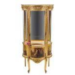 A Louis XV Style Giltwood and Vernis Martin Vitrine Height 57 1/2 x width 27 x depth 17 inches.
