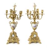 A Pair of Sevres Style Porcelain Mounted Gilt Bronze Six-Light Candelabra Height 23 1/4 inches.