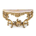A Louis XV Style Giltwood Console Table Height 33 1/8 x width 55 x depth 20 3/4 inches.