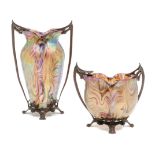 Two Silver-Plate Mounted Iridescent Glass Vases Height of taller 12 3/8 inches.