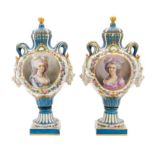 A Pair of Sevres Porcelain Vases Height 15 1/2 inches.