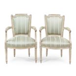 A Near Pair of Louis XVI Painted Fauteuils Height 34 inches.