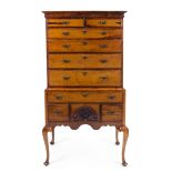 A Queen Anne Tiger Maple Highboy Height 72 3/8 x width 39 3/4 x depth 20 1/2 inches.