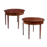 A Pair of Federal Mahogany Demilune Tables Height 27 1/2 x width 36 1/8 x depth 16 3/4 inches.