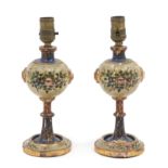 A Pair of Painted Wood Lamps Height 11 7/8 inches.