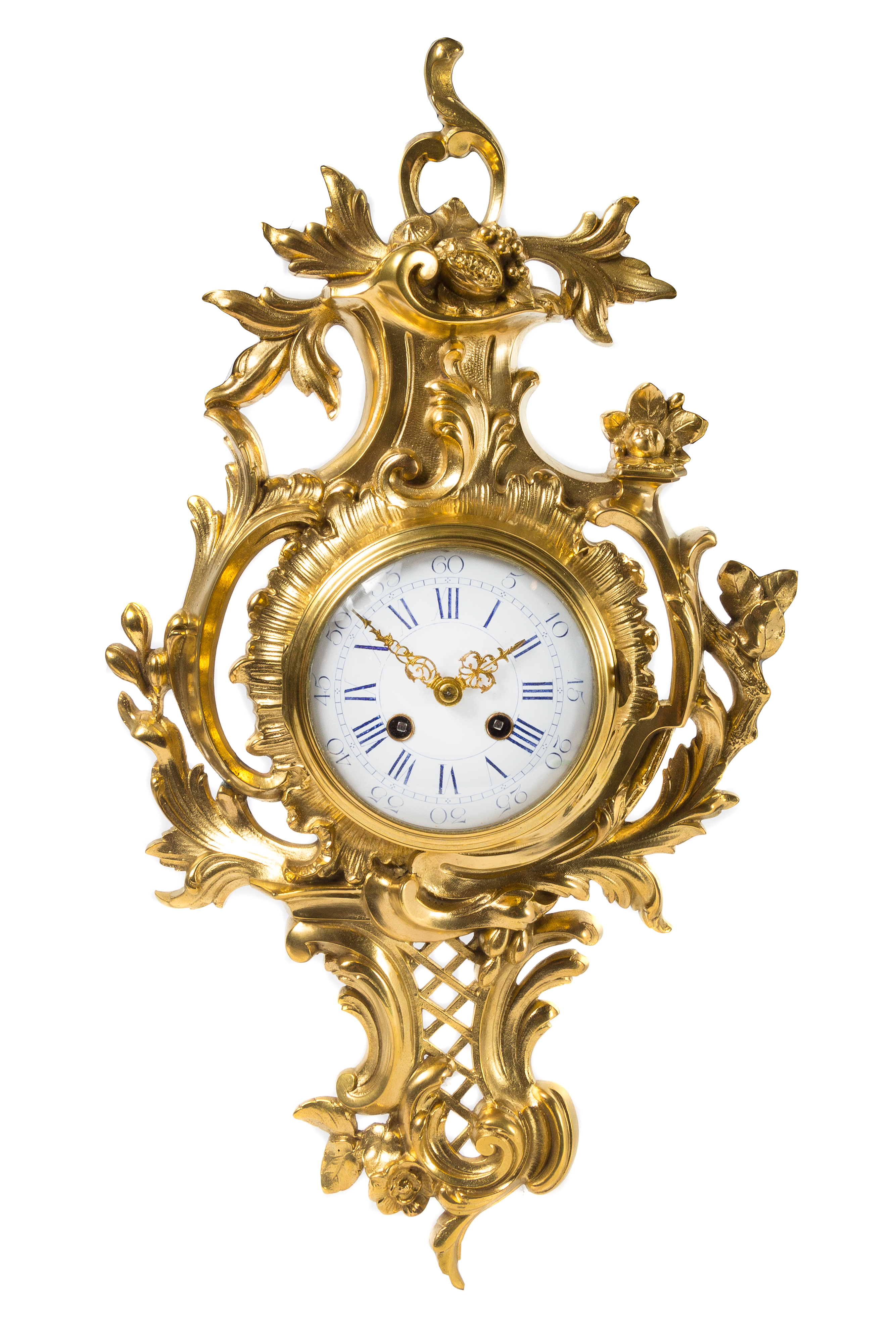 A Rococo Style Gilt Bronze Cartel Clock Height 21 inches.
