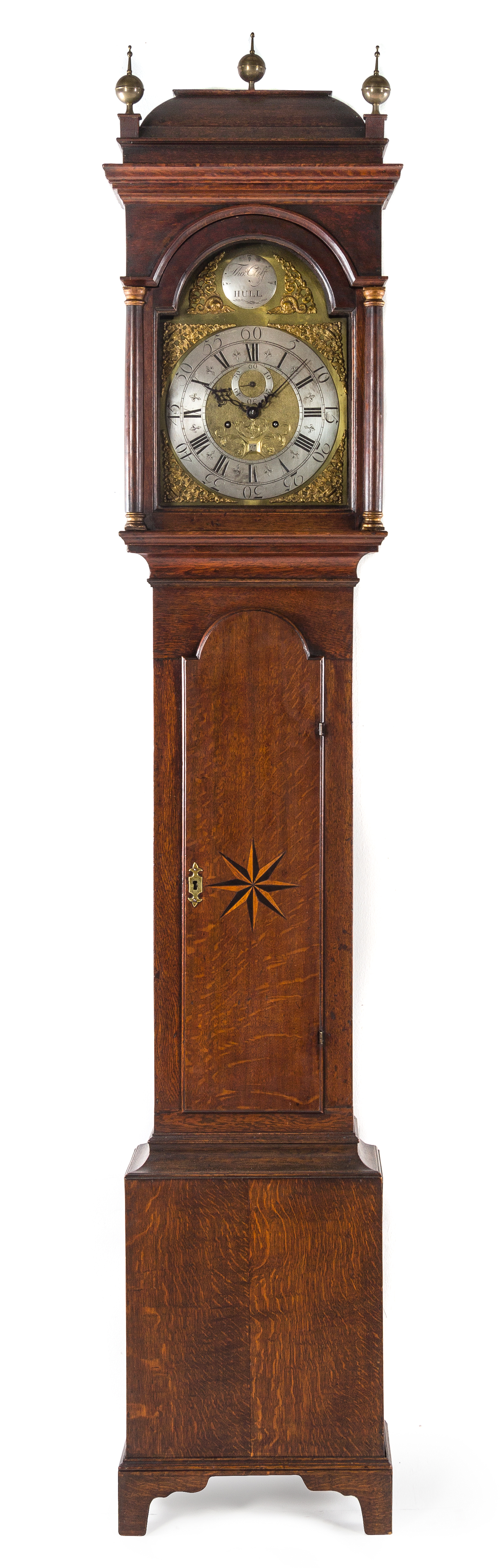 An English Oak Tall Case Clock Height 94 1/2 inches.