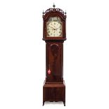 A Federal Mahogany Tall Case Clock Height 91 x width 7 1/2 x depth 9 1/2 inches.