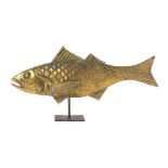 A Gilt Copper Fish Weathervane Height 12 3/4 x width 25 1/2 inches.