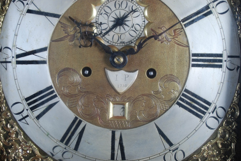 An 18th century oak automata longcase clock, I.P., the brass dial with silvered chapter ring bearing - Image 3 of 7