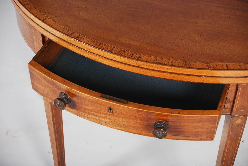 A George III mahogany and satinwood banded demi lune card table, the hinged top opening to a puce - Image 2 of 5