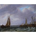 18th/ 19th century Dutch School Fishing boats and pier with approaching storm oil on canvas 31.5cm x
